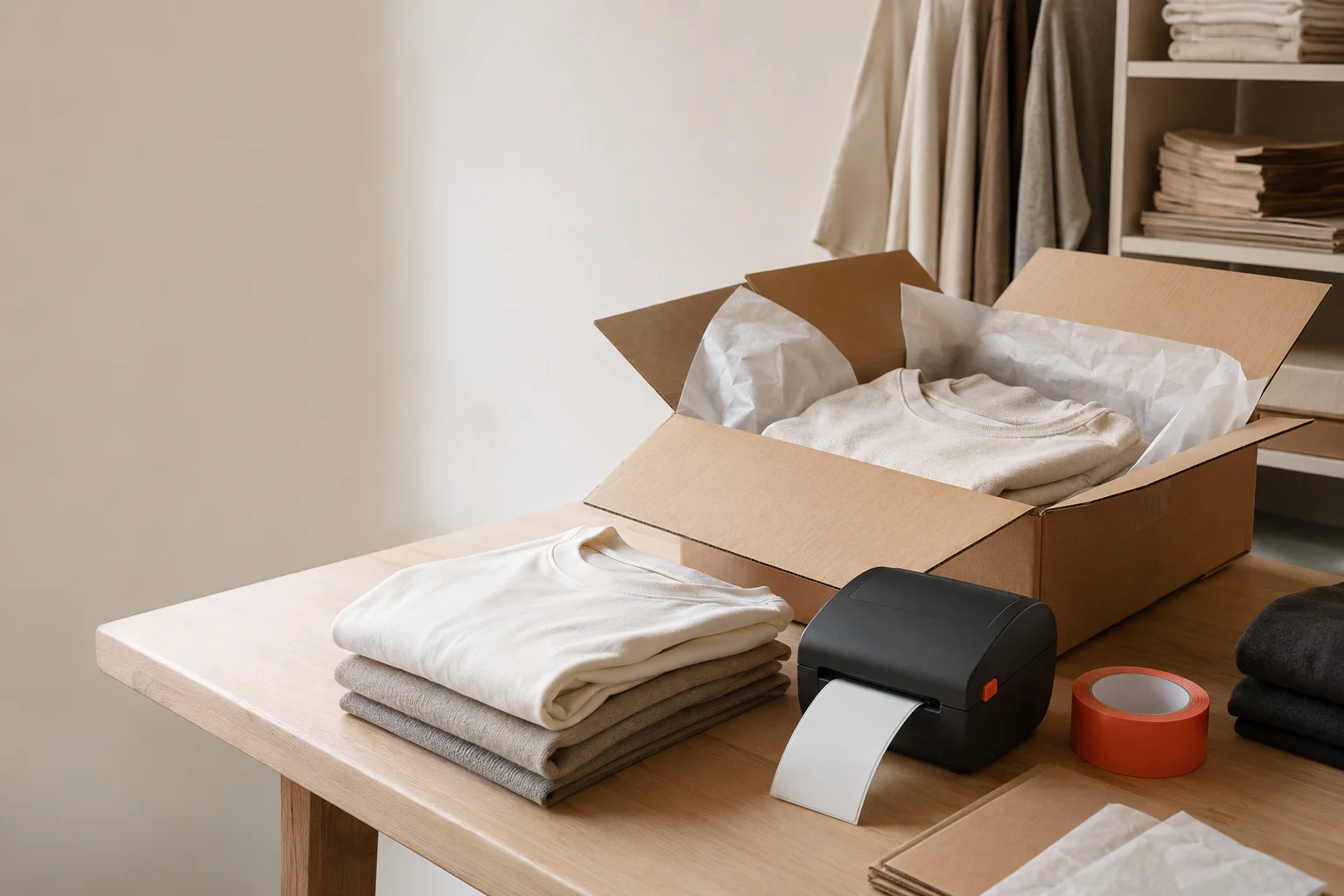A calm retail packing desk with folded clothing, parcel box and label printer